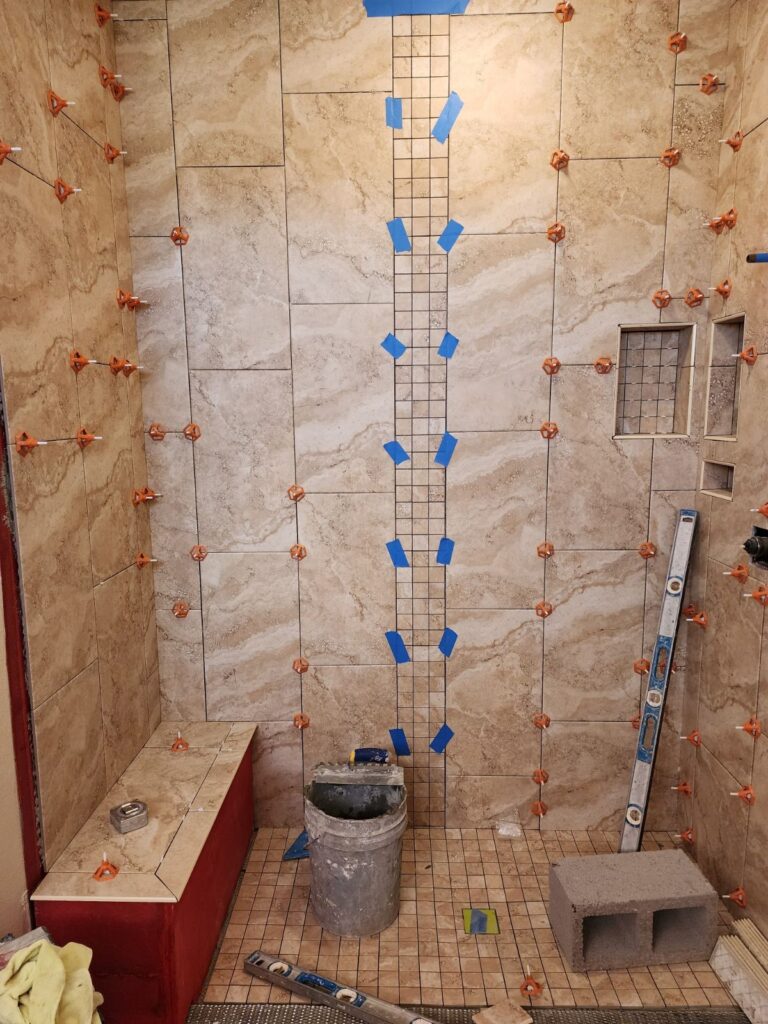 Shower construction with wooden design