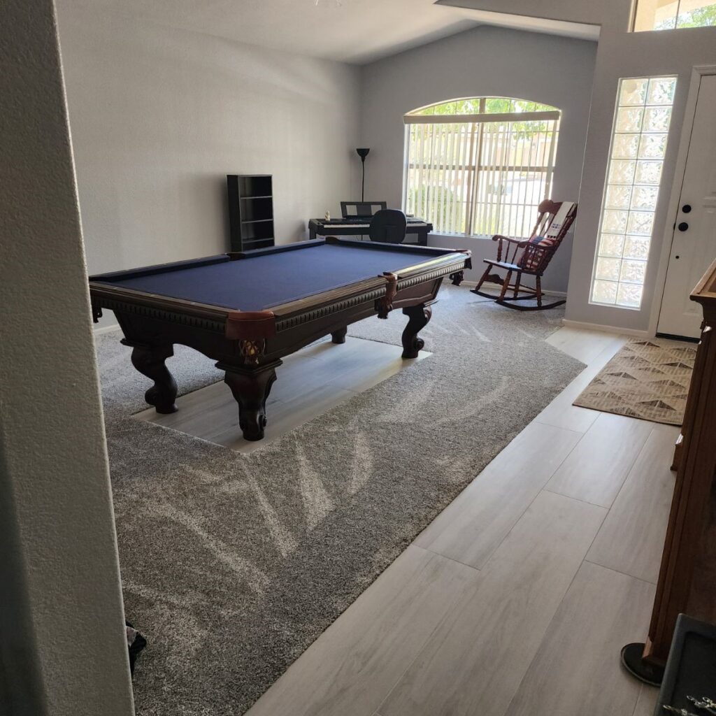 carpet w-pool table inlay with wooden flooring